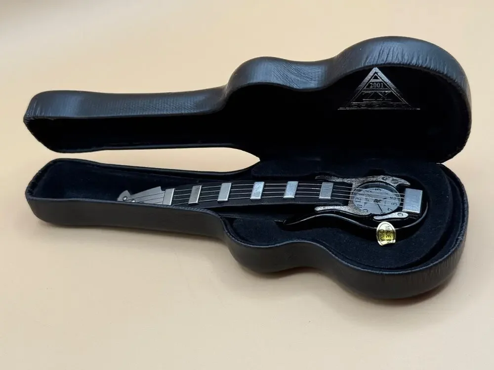 ZX Original 2001 Guitar Shaped Quartz Watch Case Black Silver Novelty Untested